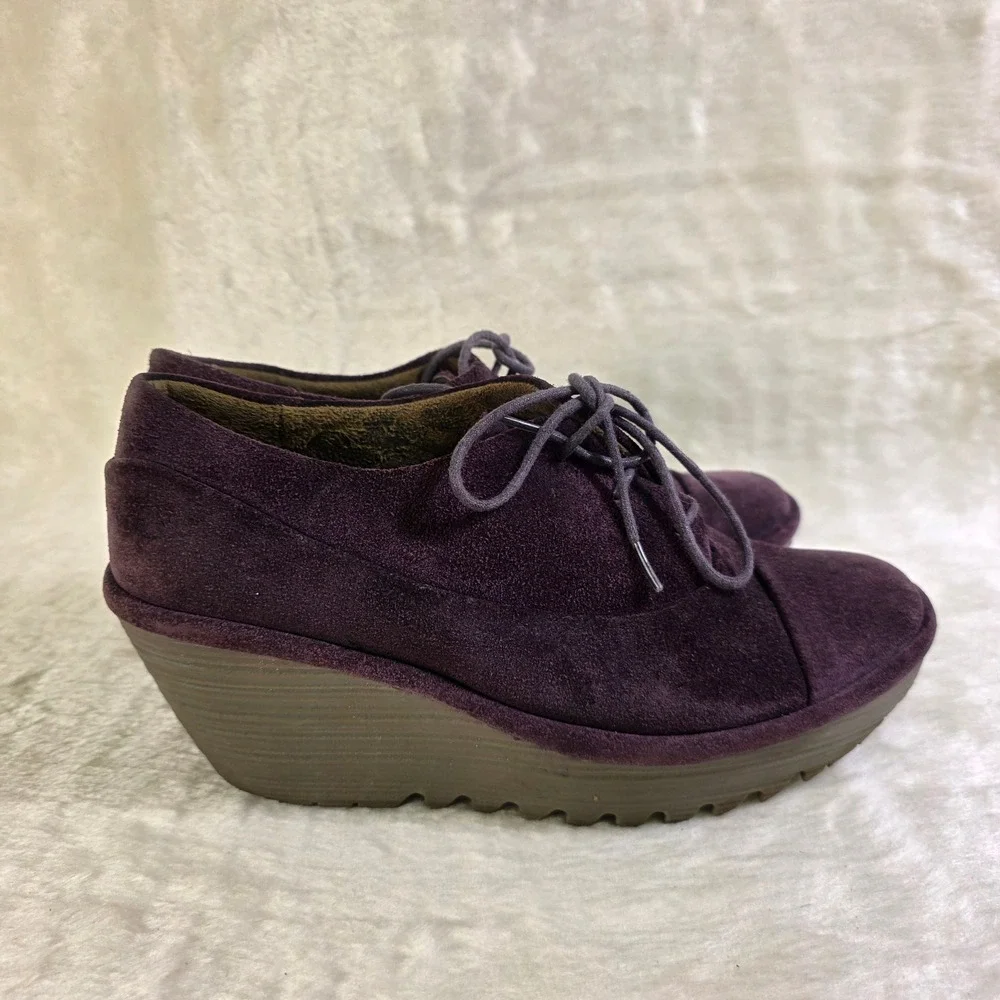 Fly London Yip Wedge Booties Purple Suede Lace Up Women 38 7 Excellent